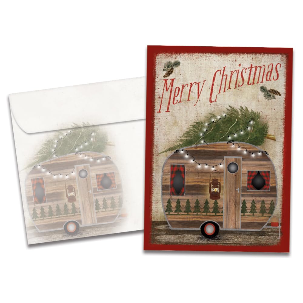Tree-Free Greetings - Season's Greeting Cards - Artful Designs - 10 Cards + Matching Envelopes - Made in USA - 100% Recycled Paper - 5 x 7 - Rustic Camper (HB30412)