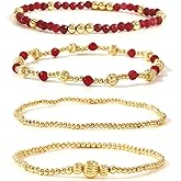 Ustome Gold 4Pcs Stackable Beaded Bracelets Set For Women,Handmade Natural Gemstone Glass Ball Stretch Accessories Jewelry, Daily Wear Friendship Gift