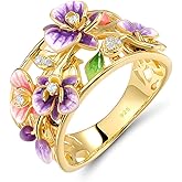 Santuzza 925 Sterling Silver Dragonfly Openwork Ring Cubic Zirconia Enamel Flower Ring 14K Gold Plated Vintage Jewelry