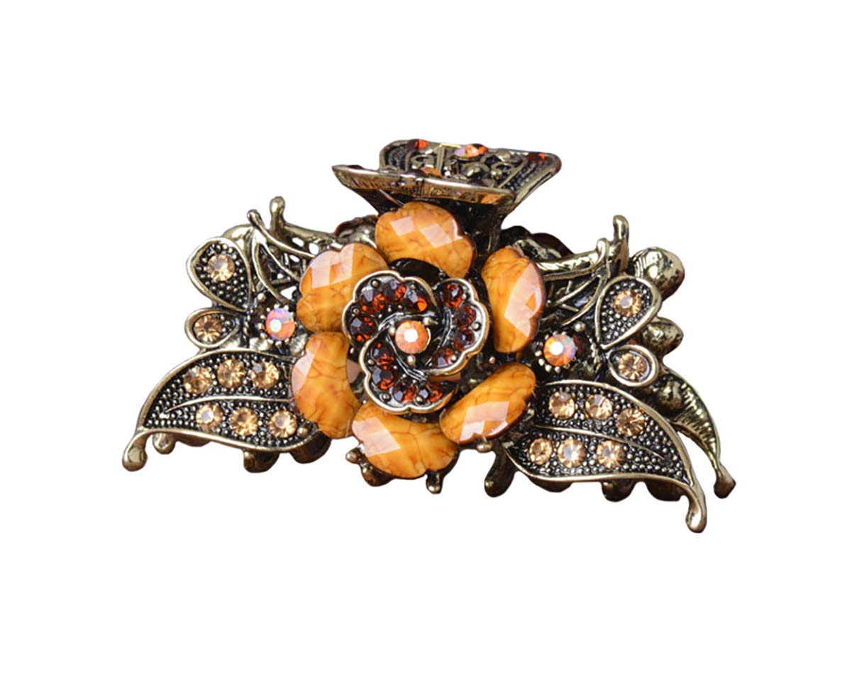 Fodattm Women Lady Retro Rose Flower Imitation Turquoise Hair Claw Clip Vintage Alloy Rhinestone Non-Slip Hair Jaw Clips Hairpin Hair Clamp (Brown)