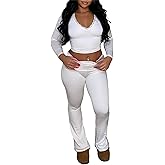 Lybiogs Womens Sexy 2 Piece Pajamas Sets Long Sleeve Crop Tops Fold Over Flare Pants Loungewear Pjs Outfits
