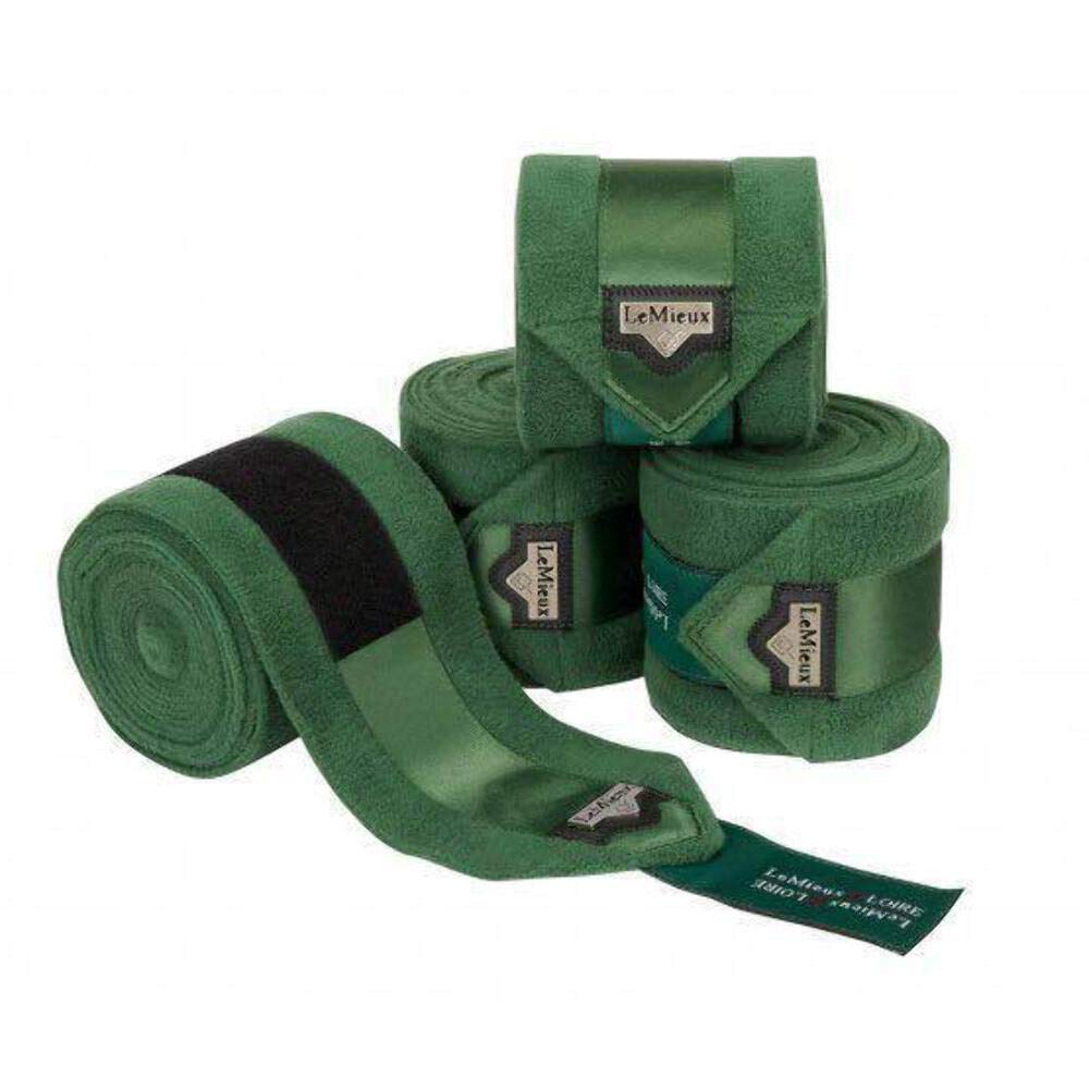 LeMieux Loire Polo Exercise Bandages in Hunter Green with Zipped Case, Satin End Detail - Soft Fleece Protection Wraps - Large Size - Pack of 4
