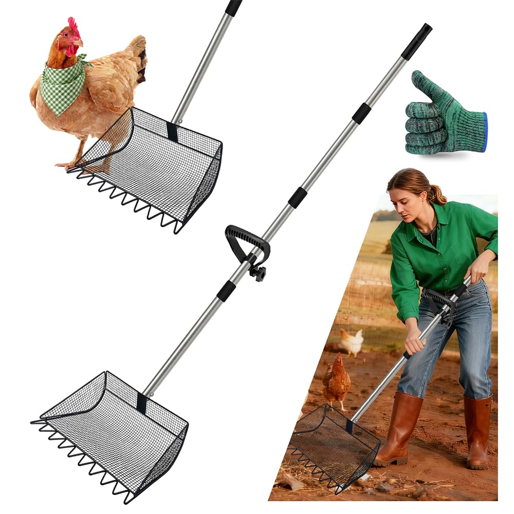 Photo 1 of 2-in-1 Chicken Poop Scooper & Rake, 12 Inch Large Metal Shovel Head, Chicken Litter Scoop with Adjustable Handle for Chicken Coop & Pet Waste Cleaning (37 to 65"), US Patent Pending (Black)