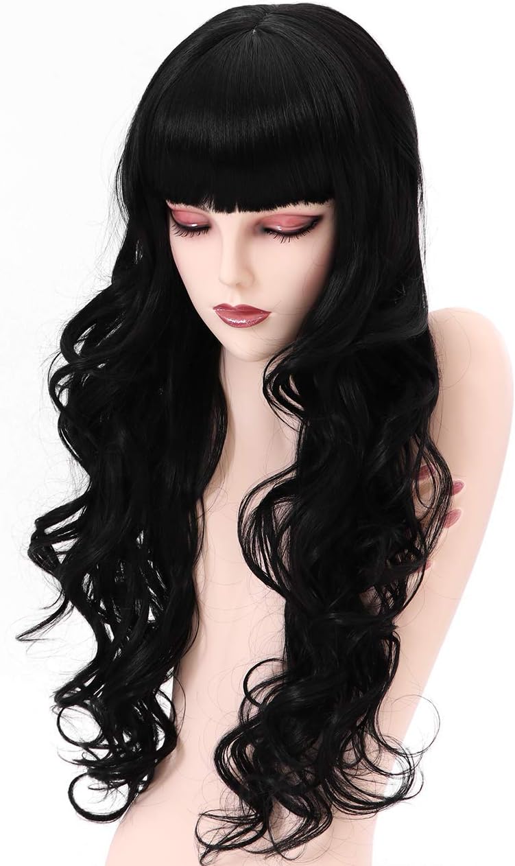 HIAYSAN 24 Inches Long Wavy Curly Black Wigs for Women Synthetic Full Hair Wig with Lovely Bangs for Cosplay Costume Party