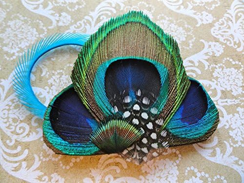 Oh Lucy Handmade JULIE Peacock Feather Fascinator Clip Comb Headband, Wedding Couture in Natural and Turquoise