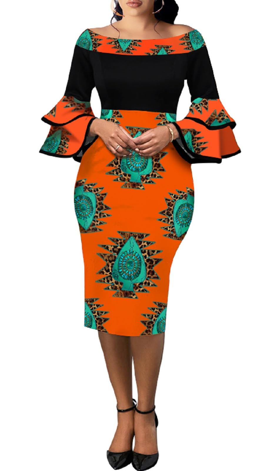 Photo 1 of Women Slit Bodycon Maxi Dress Vintage Off-The-Shoulder Short-Sleeve Ruffle Casual Party Semi Formal Dresses African Wrap Dress Outfits(Black Orange,XL)