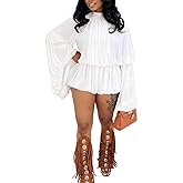 NRTHYE Womens Ruffles Tierred Ruched Loose Short Jumpsuit Outfits Puff Lantern Long Sleeve Elastic High Waist Casual Romper