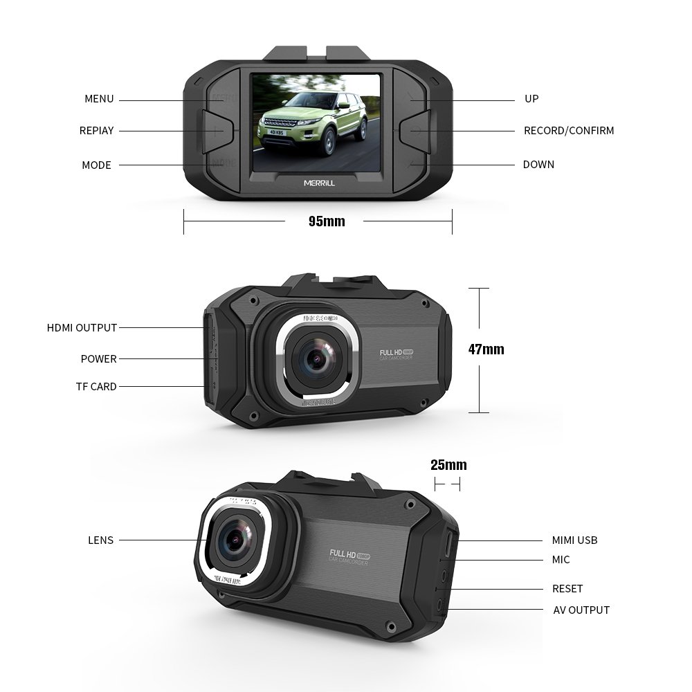 MERRiLL Dash Cam for Car 150° Wide Angle 12 Megapixel 1080P 2.7 inch with Parking Monitor, Night Vision, Loop Recording, G-sensor, 32G SD Card