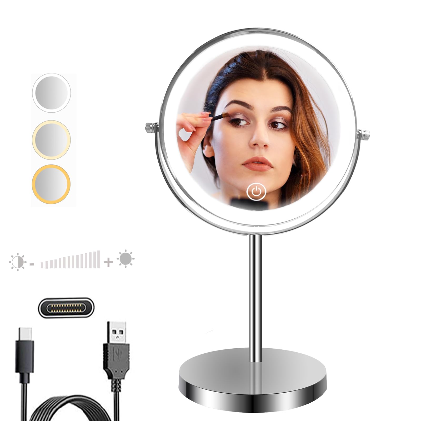 Cussity Rechargeable Makeup Mirror with Lights, 8inch 1X/10X Double-Sided Magnifying Makeup Mirror with Lights, 3 Colors & 30Mins Auto off, 360° Swivel Dimmable Round Vanity Cosmetic Mirror, Chrome