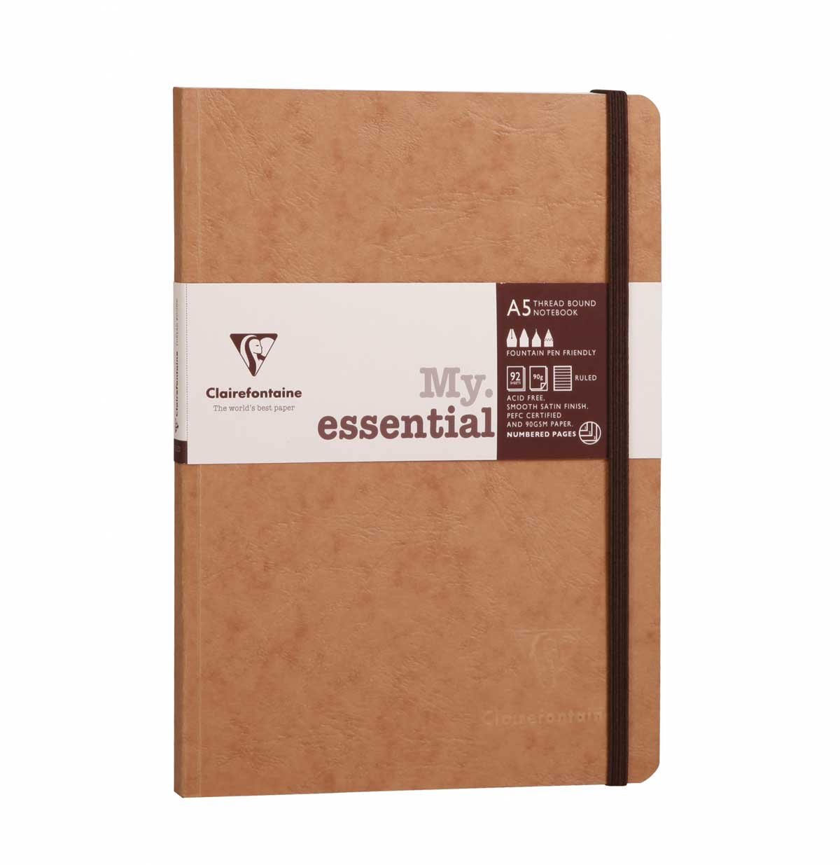 Clairefontaine 79346C Collection Age Bag Stitched Elastic Notebook MyEssential Tobacco A5 14,8x21cm - 192 Numbered Lined Pages - 90g Ivory Paper - Leather Cover