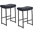 ALPHA HOME Bar Stools Backless Saddle Seat Barstools Modern PU Leather Cushion Counter Height Chairs Set of 2 for Kitchen Island, Dining Pub and Bistro, 24 Inches, Black, 2PCS