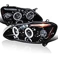 Spec-D Tuning Halo LED Smoke Lens Glossy Black Housing Projector Headlights Compatible with 2003-2008 Toyota Corolla, Left + Right Pair Headlamps Assembly
