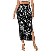 Segreto Women's Sequin Maxi Skirt High Waist Split Hem Sparkle Bodycon Midi Long Pencil Fishtail Skirts Party Cocktail
