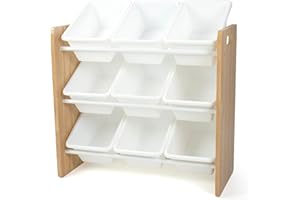 Humble Crew 9-Bin Toy Organizer – Journey Natural Wood with White Plastic Bins, 3-Tier Storage Solution for Kids' Playrooms a