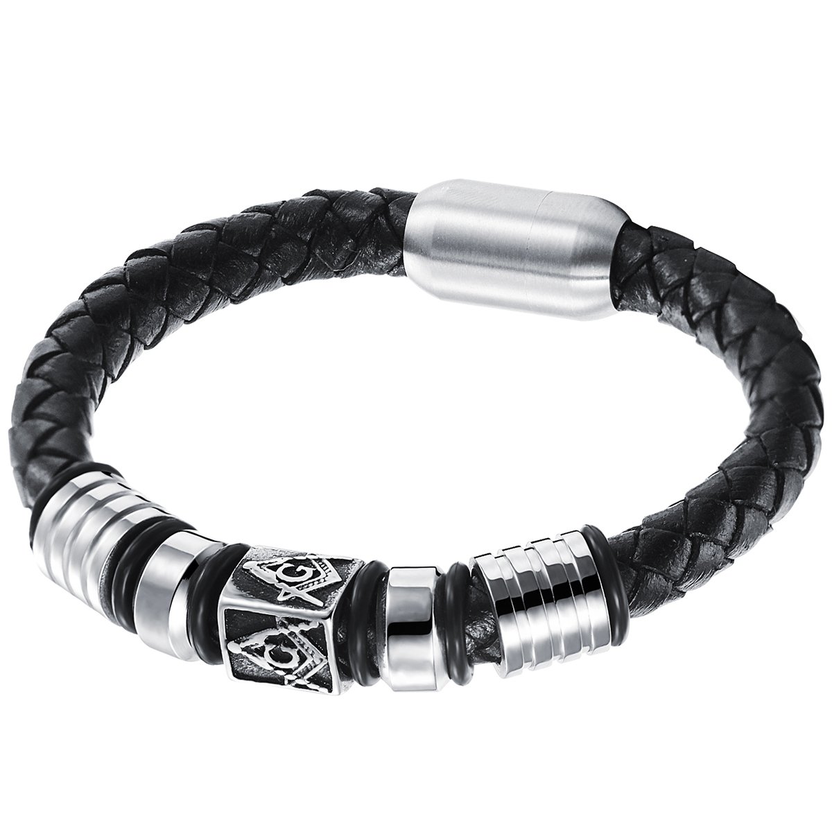 JewelryWe Mens Womens Stainless Steel Leather Masonic Freemason Bracelet Braided Chunky Bangle, Magnetic Clasp