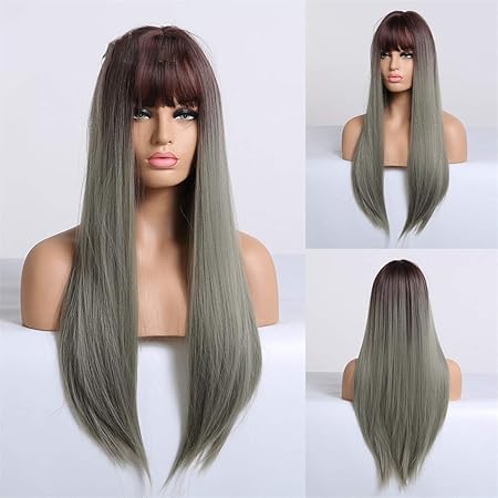 Amazon 前髪の長いシルクストレートの髪を持つ人工毛かつら 女性の高温耐性オンブル黒ブラウンゴールドのコスプレウィッグ C2406 Xiaxia ビューティー 通販