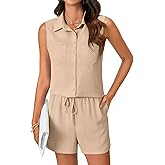 Umenlele Women's Button Down Two Piece Short Sets Collar Neck Top and Drawstring Shorts Outfits with Pockets