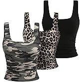 SweatyRocks Women's 3 Pack Tank Tops Camo Leopard Print Square Neck Sleeveless Summer Fitted Tops