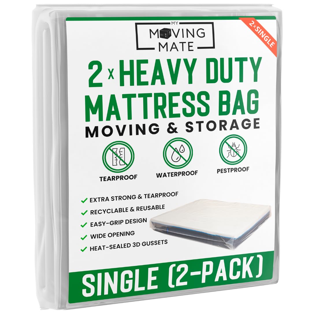 Single Mattress Bag for Moving and Storage - 2-Pack - Mattress Cover for Moving and Storage - 5 Mil Mattress Protector Storage Bags - Heavy Duty, Reusable, Tearproof