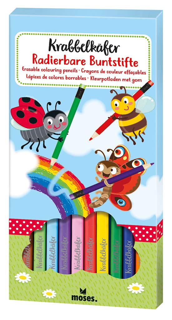 Moses. 16123 Crawling Beetle Erasable Colouring Pencils 12 Pencils in Bright Colours For Children