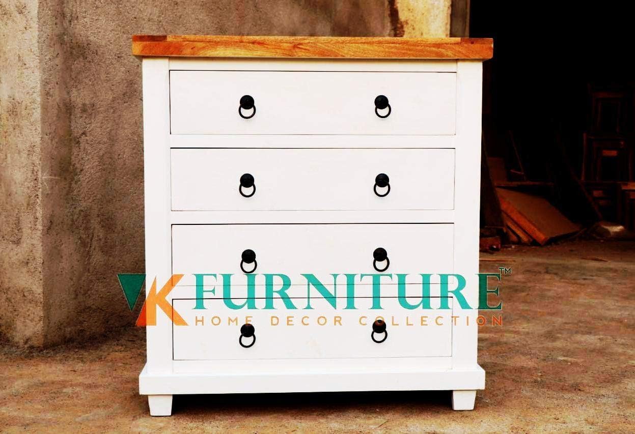 VK Furniture Wooden Chest of Drawers for Bed Room | 4 Drawers Storage | Mango Wood, Glossy White Finish