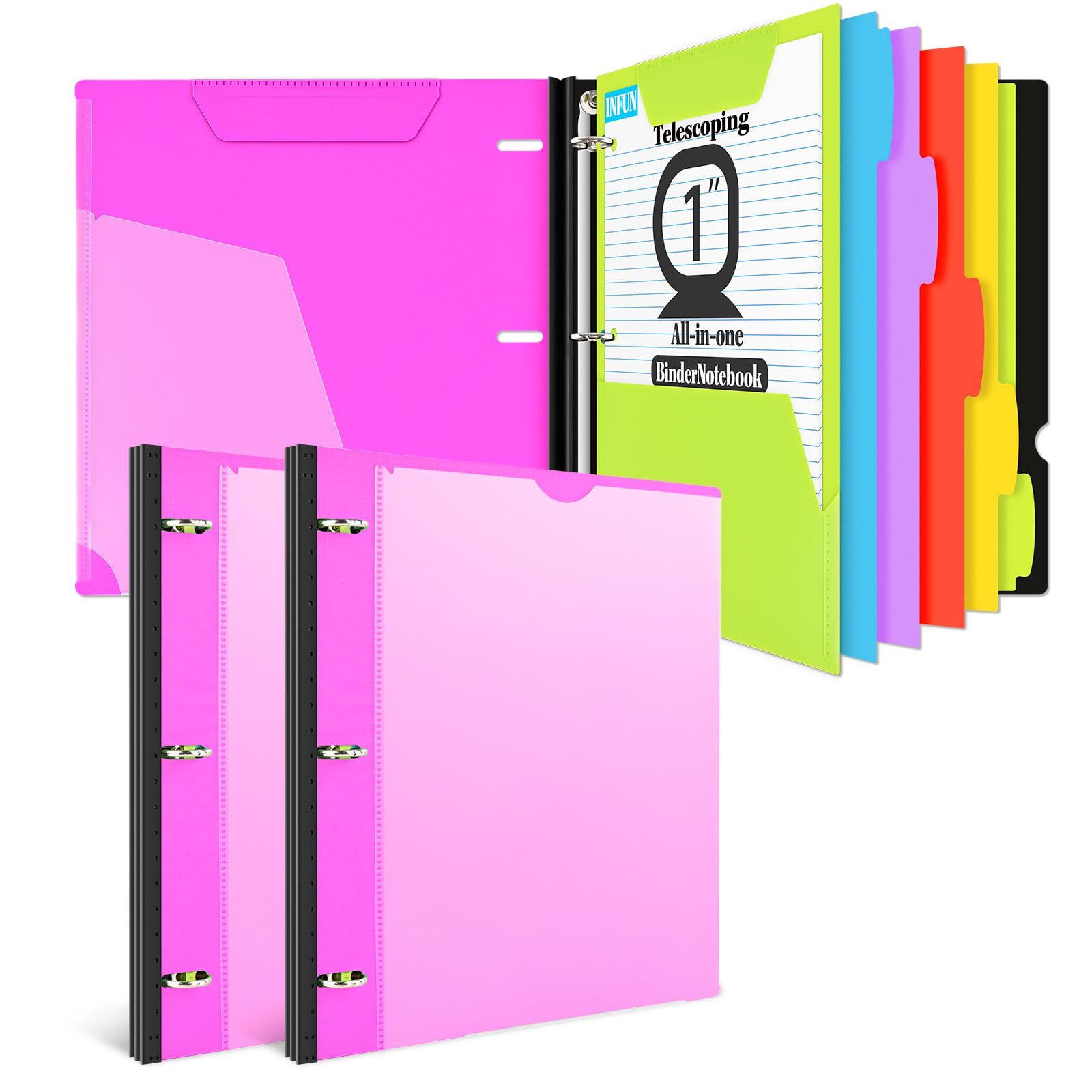 Photo 1 of INFUN 1 INCH All-in-one Telescoping Binder Notebook-2pcs,3 Ring Binder with 1 Plastic Movable Pocket Folder,5 Plastic Subject Dividers and 30 sheets Graph Paper and 30 sheets College Ruled Paper- Pink