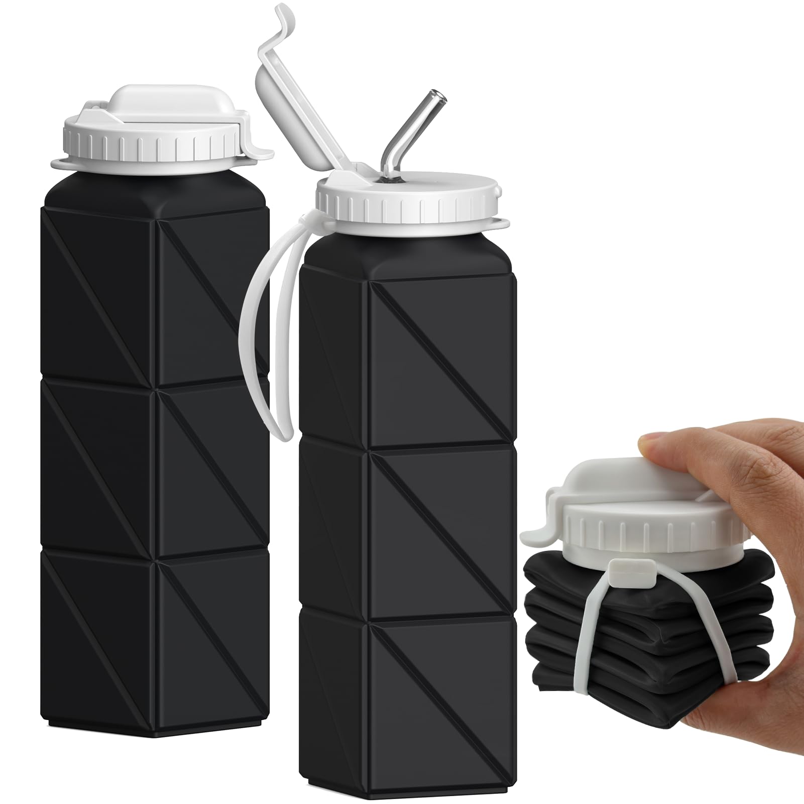 BEAUTAIL Collapsible Water Bottle with Straw, Silicone Foldable Portable Water Bottles 610ml Lightweight Reusable Leakproof for Travel Camping Hiking Cycling Yoga Sports, 1 Pack (Black) — image 1