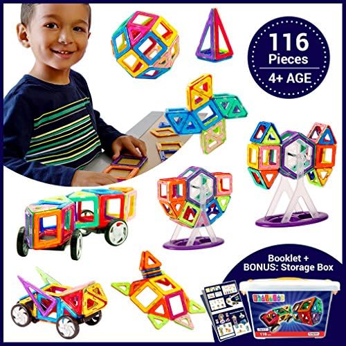 Brainiacยฎ 116pc Magnetic Building Blocks Set for Education for Age 4+ Kids, Toddlers Ferris wheels and Car Set BONUS Storage Box for boys and girls