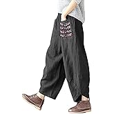 Minibee Women's Baggy Linen Wide Leg Trousers Casual Patchwork Elastic Waist Harem Pants