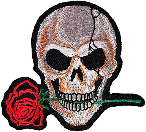 Silver Novelty Skull Snap Rose Embroidered Iron on Patch #F