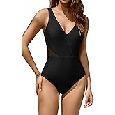Cromi Women's One Piece Tummy Control Swimsuit Slimming V Neck Bathing Suit Side Mesh Panels Swimwear