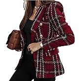 Women Tweed Coat Plaid Print Double Breasted Casual Buttons Blazer Slim Fit Flap Pocket Formal Blazer