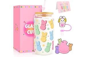 Lingdeer Easter Glass Cups with Lids and Straws, Easter Basket Stuffers Gifts for Her Women Girls Teens Daughters, 16oz Peeps