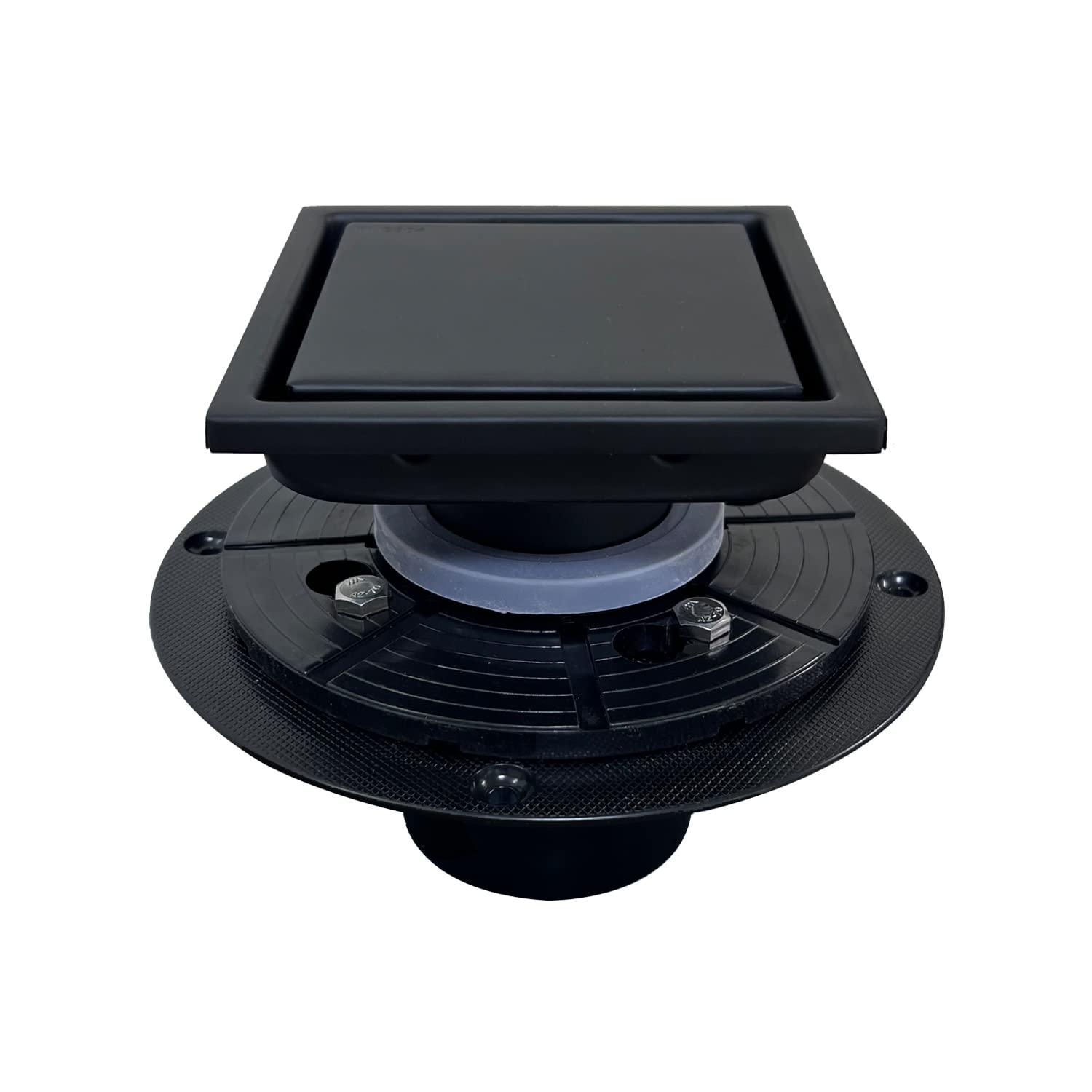 Photo 1 of SISEHO 4 Inch Matte Black Square Shower Drain Cover for Bathroom Invisible Inlay Tile Square Plate Cover Adjustable Flange Kit, Sus304 Stainless Steel