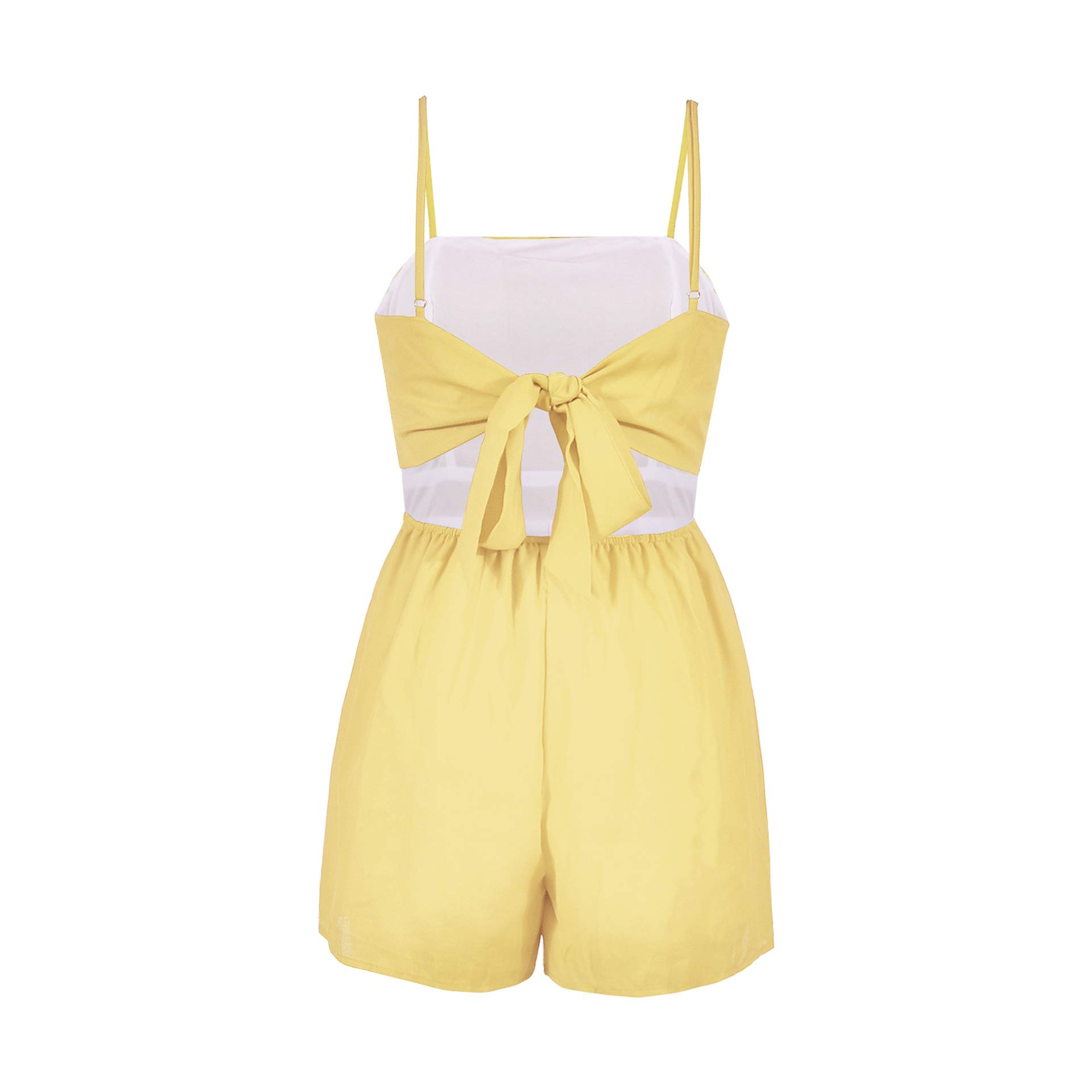 Women\'s Cute Knot Spaghetti Strap Solid Color Chiffon Sleeveless Short Pants Romper Jumpsuit Yellow M