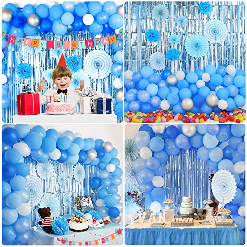 Blue Balloons Arch Garland Party Decorations Kit 114 Pack, Boy Baby Shower Balloons Set,Blue Sliver White Balloons + Foil Fringe Curtain + Paper Tissue Flower Pom Poms + Tissue Paper Fans for Birthday