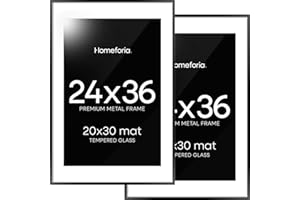 Homeforia 24x36 Picture Frame Black, High End Metal 24 x 36 Large Poster Frames with Mat 20 by 30 inch Photo, 24x36 Thin Frame Matted to 20x30 in Print, 36x24 Frame, Tempered Glass, Wall Kit, Set of 2