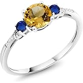 Gem Stone King 10K White Gold Yellow Citrine Blue Created Sapphire and White Diamond Accent 3-Stone Engagement Ring For Women (0.94 Cttw, Round 6MM, Gemstone November Birthstone)