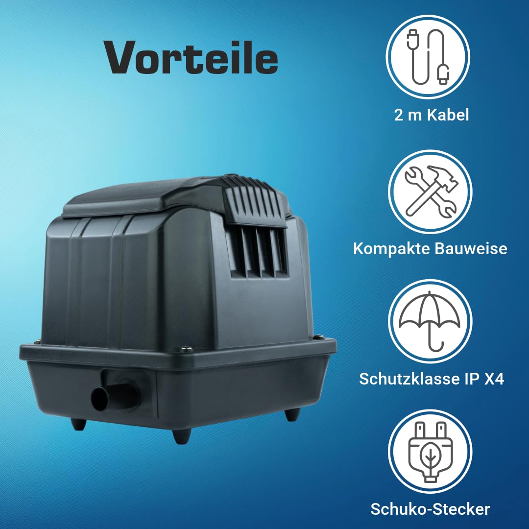 Teichbelüfter 3600 L/H stufenlos regulierbar, 35 Watt Sauerstoffpumpe für Teich, Membranpumpe 60 L/Min, Teichbelüftung, Luftpumpe Teich, Belüfterpumpe für Gartenteiche, Teichbelüftungspumpe 2