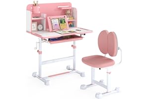 Costzon Kids Height-Adjustable Study Desk and Chair Set with Tilting Desktop, Pen Holder, Reading Stand, Footrest Bar, Ergono