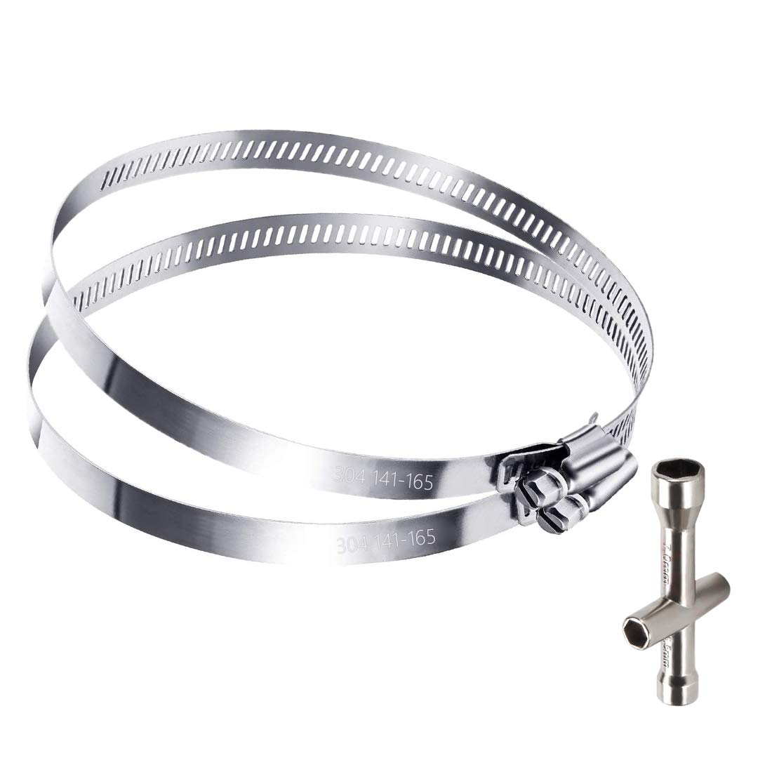 HONGECB Adjustable Stainless-Steel Hose Clips - Home Worm Drive Gear Gas Water Pipe Ducting Clamp for Flexible Hose Tube, Adjust Diameter 141-165mm, M4 Cross Wrench Socket Spanner for Bonus, 2 PCS