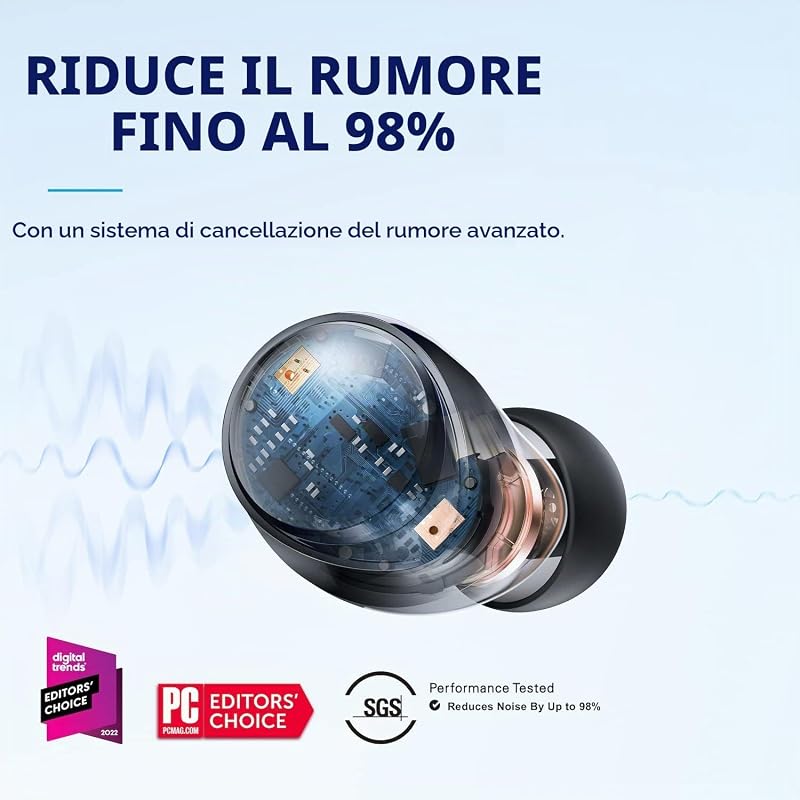 by Anker Space A40 auricolari bluetooth con Cancellazione Rumore Attiva Adattiva, Riduzione del Rumore fino al 98%, 10 Ore di riproduzione in singolo, Suono Hi-Res, Design comodo, App