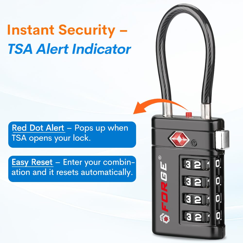 Forge Forge TSA Approved Luggage Locks 4 Digit Combination TSA Travel Locks with TSA008, Open Alert Indicator, Zinc Alloy Body for Luggage, Suitcase, Backpack, and More. Black 2 Locks.