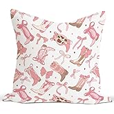 Rusenbao Coquette Pink Bow Throw Pillow Covers 18×18, Preppy Cowgirl Boots Bed Decorative Pillows Covers, Coquette Room Dorm Decor, Decor for Couch Girl Bedroom College