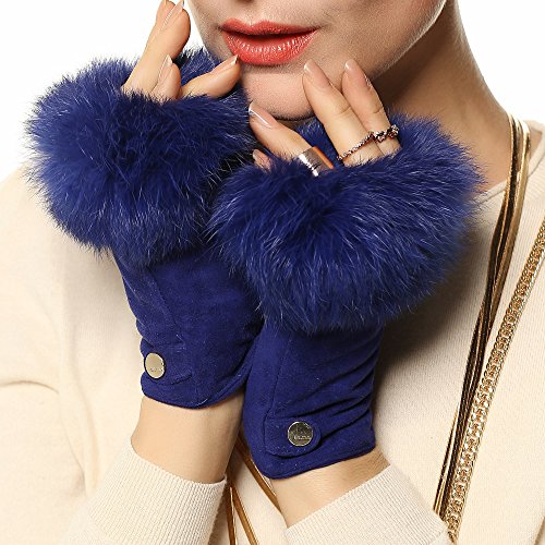 ELMA Women's Genuine Suede Leather Fingerless Gloves with Supple Rabbit Fur Trim Gold Plated Logo (L, sapphire blue)