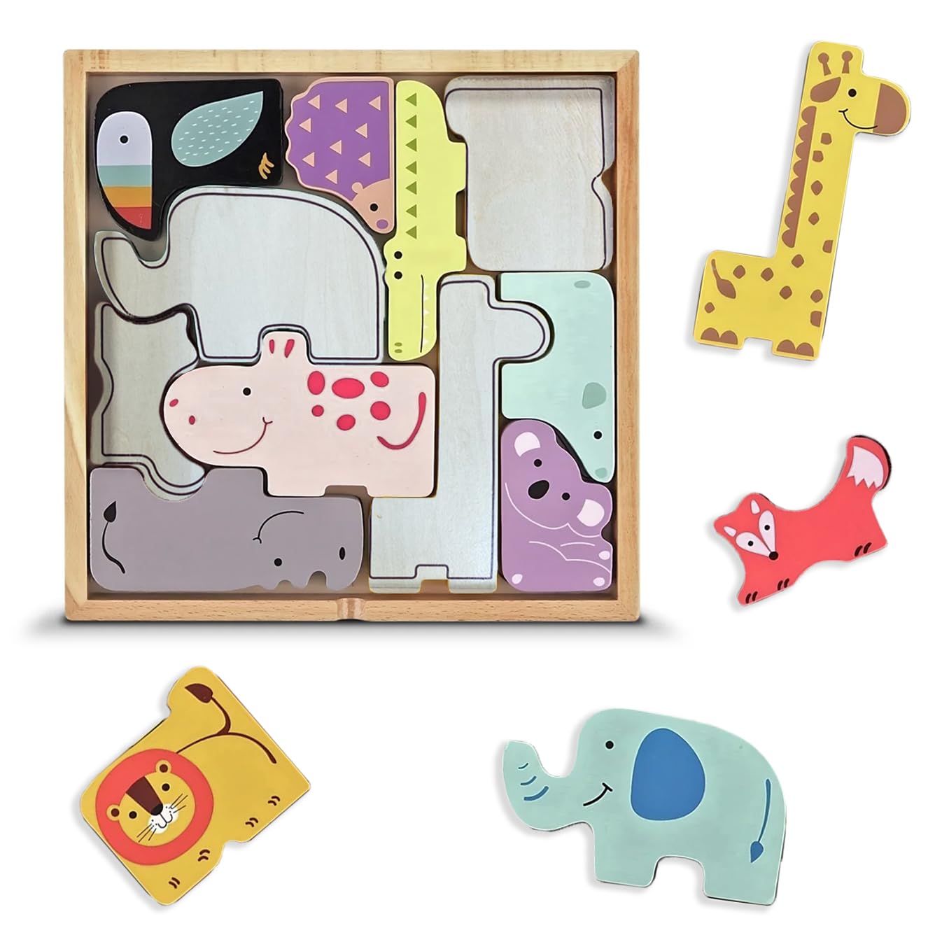 By Kii Colourful Wooden Animal Shapes Block Jigsaw Puzzle Toy 18M+ for Infants & Kids