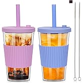UHAPEER 2 Pack Reusable Boba Cups, 17oz Iced Coffee With Straw and Lid, Leakproof Clear Plastic Tumbler, Double Wall Insulated Smoothie Cup, Pastel Violet and Cornflower Blue