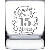 Bevvee Cheers to 15 Years - Whiskey Rocks Glass Gifts for Women & Men - 15th Anniversary Party Decor - 10.25 Oz Glasses