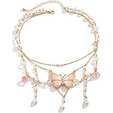 Butterfly Necklace for Women,Pink Tassel Butterfly Choker Necklaces,Layered Crystal Pearl Necklace,Fairy Jewelry,Elegant Jewelry Gifts for Women