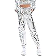 SIAEAMRG Womens Shiny Metallic High Waist Stretchy Jogger Pants, Wet Look Hip Hop Club Wear Holographic Trousers Sweatpant